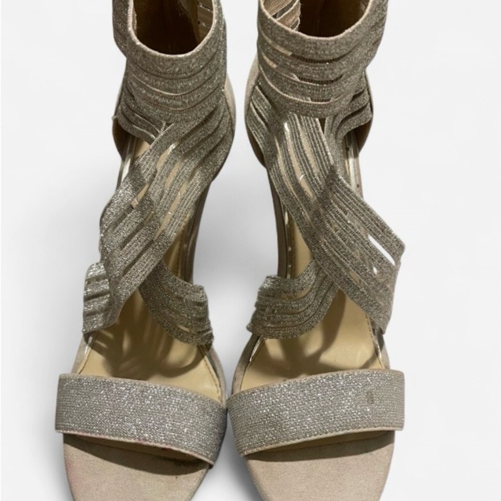 Jessica Simpson silver glitter strappy stiletto heels, zip closure, open toe, 8